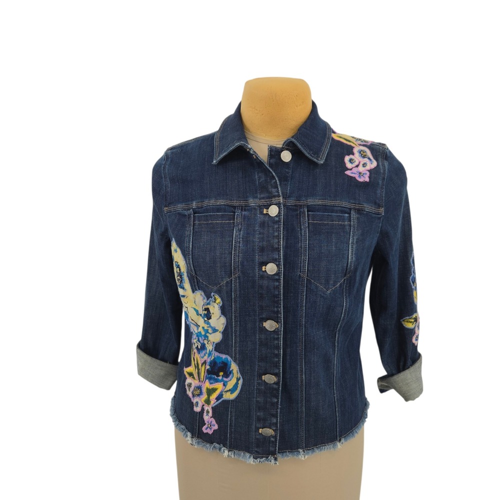 Chicos Floral Embroidered Denim Jacket Blue Jean Raw Hem Petite 1P Artsy Boho